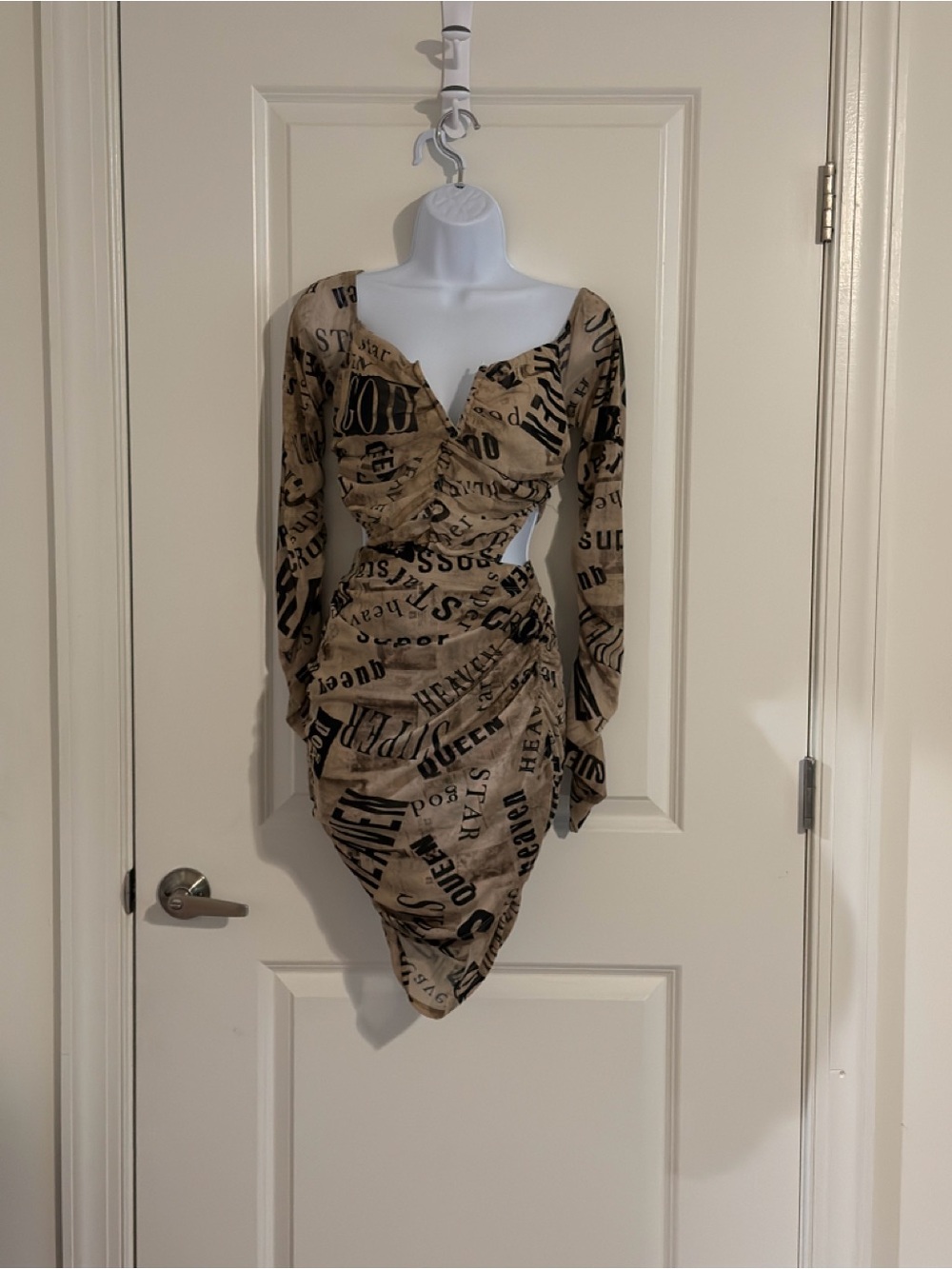 Beige Newspaper-Print Long Sleeve Wrap Dress